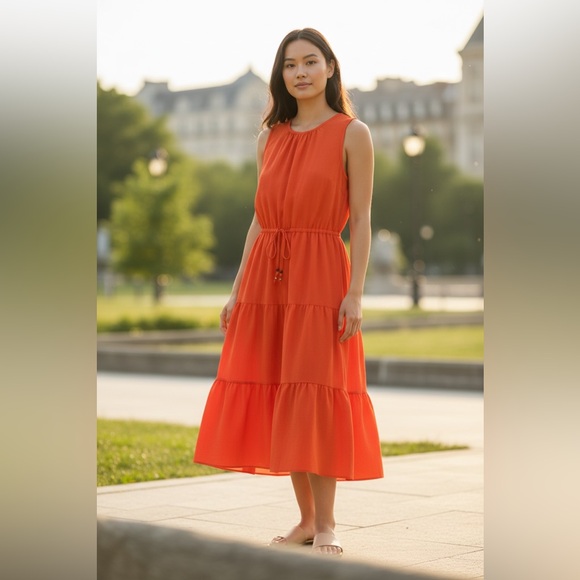 Calvin Klein Dresses & Skirts - Calvin Klein Sleeveless Tiered Midi Sleeveless Boho Dress in Orange Size 12